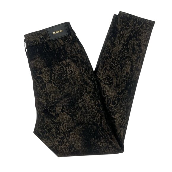 Express Mid Rise Skinny Jeans Size 4 R Black Metallic Gold Embossed Snake 5735 - Picture 3 of 10